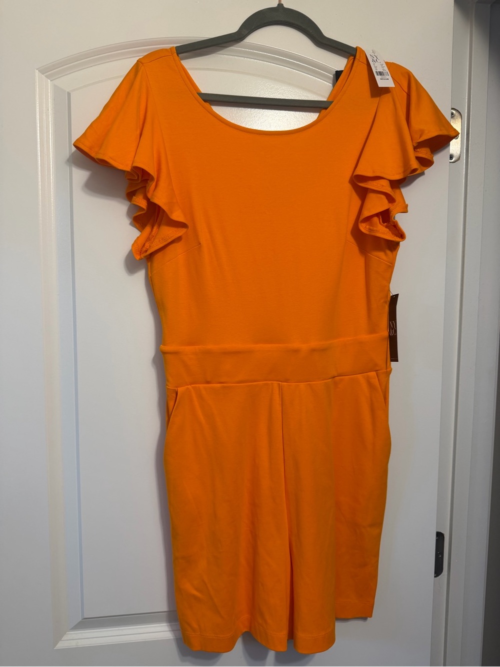 NWT New York & Company Orange Flutter Sleeve Romper, Size Medium